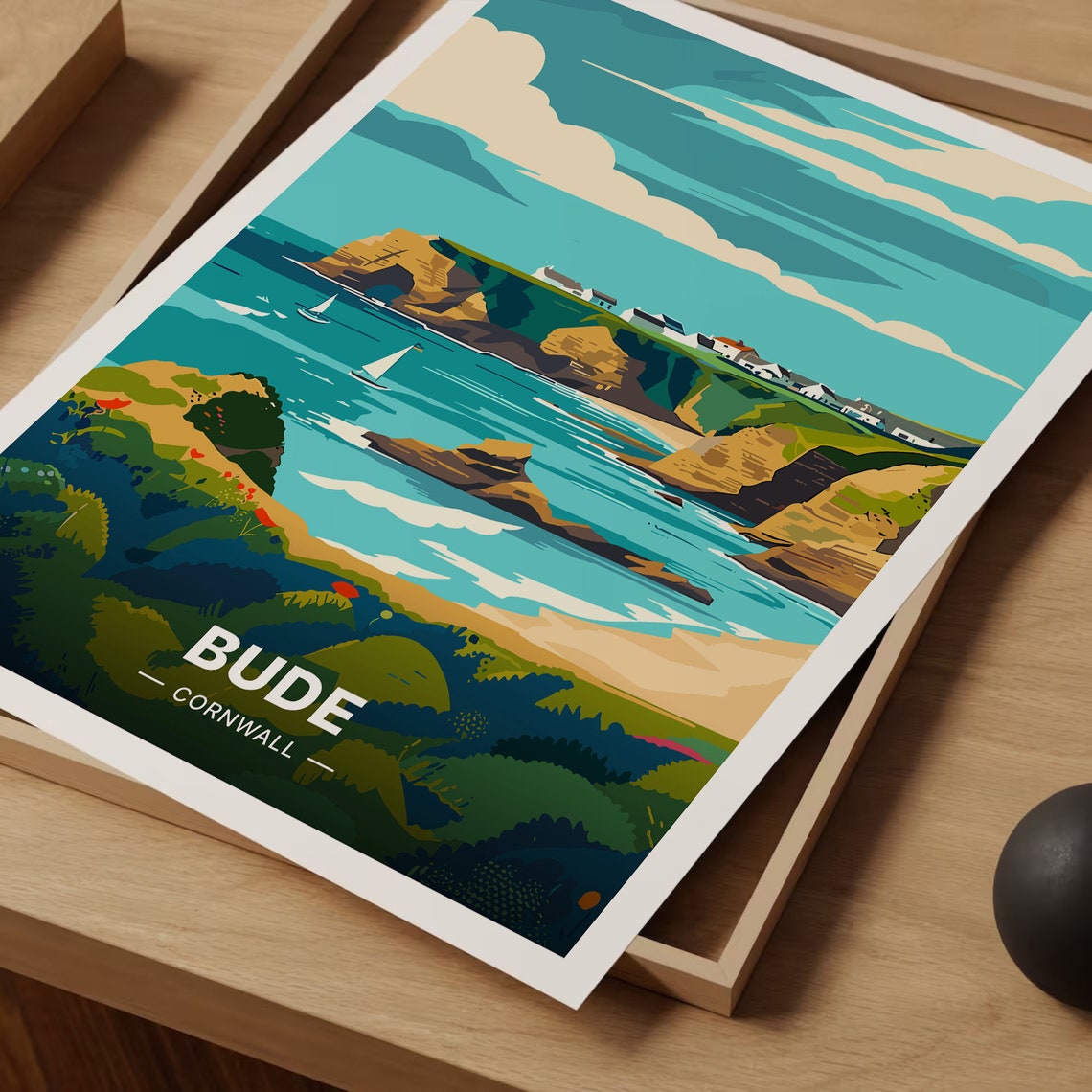 Bude Cornwall Sea Stacks Sailboats Beach Coastal Travel Poster - Image 3
