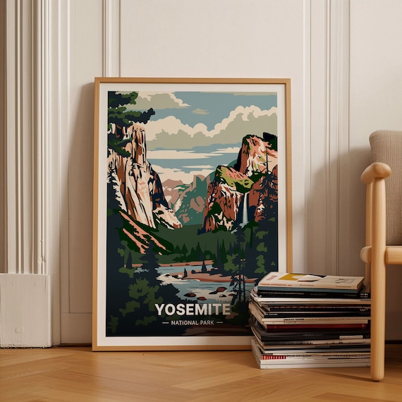 Yosemite National Park Vintage Travel Poster Granite Cliffs Waterfall Art