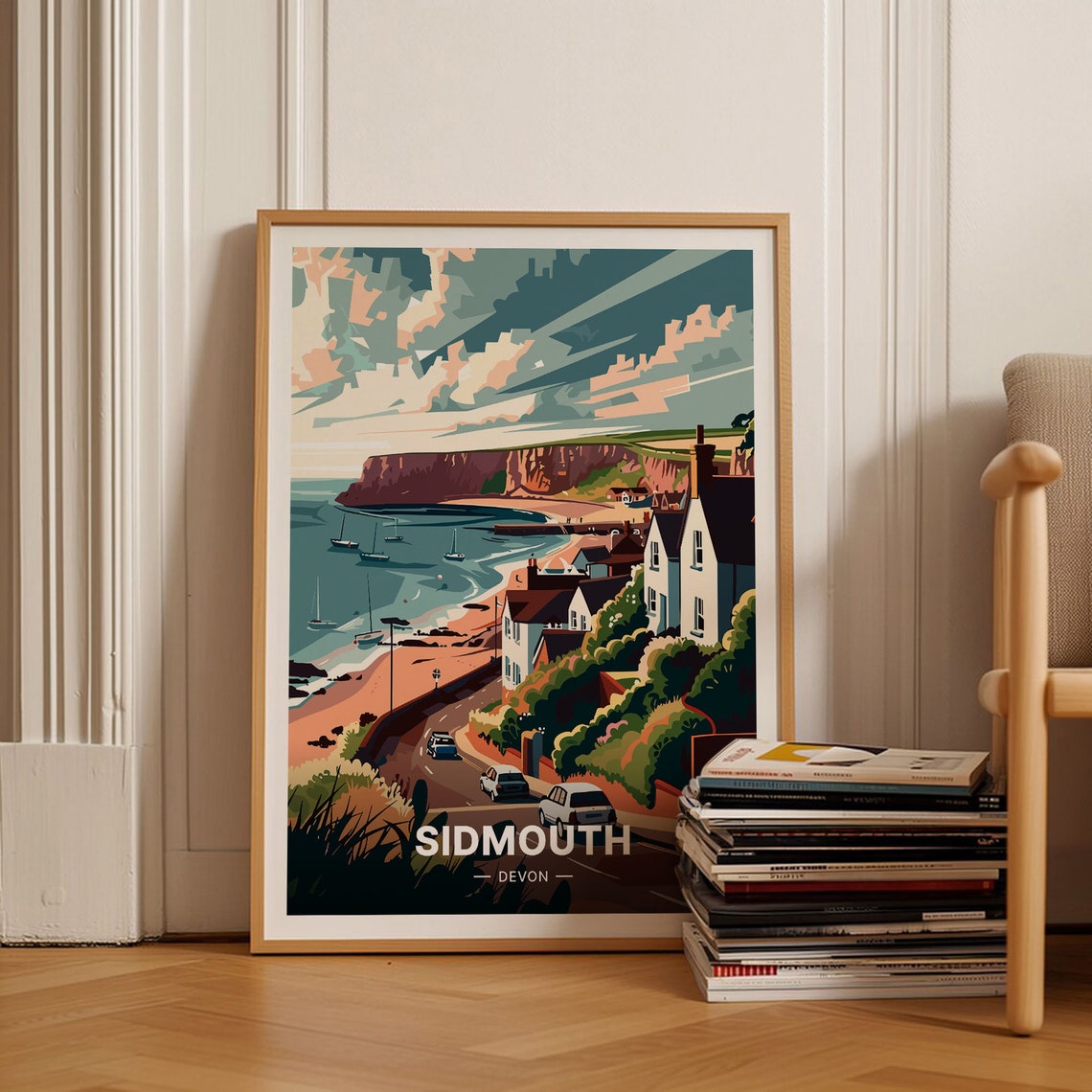 Sidmouth Devon Beach Travel Poster Red Cliffs Vintage Seaside Art
