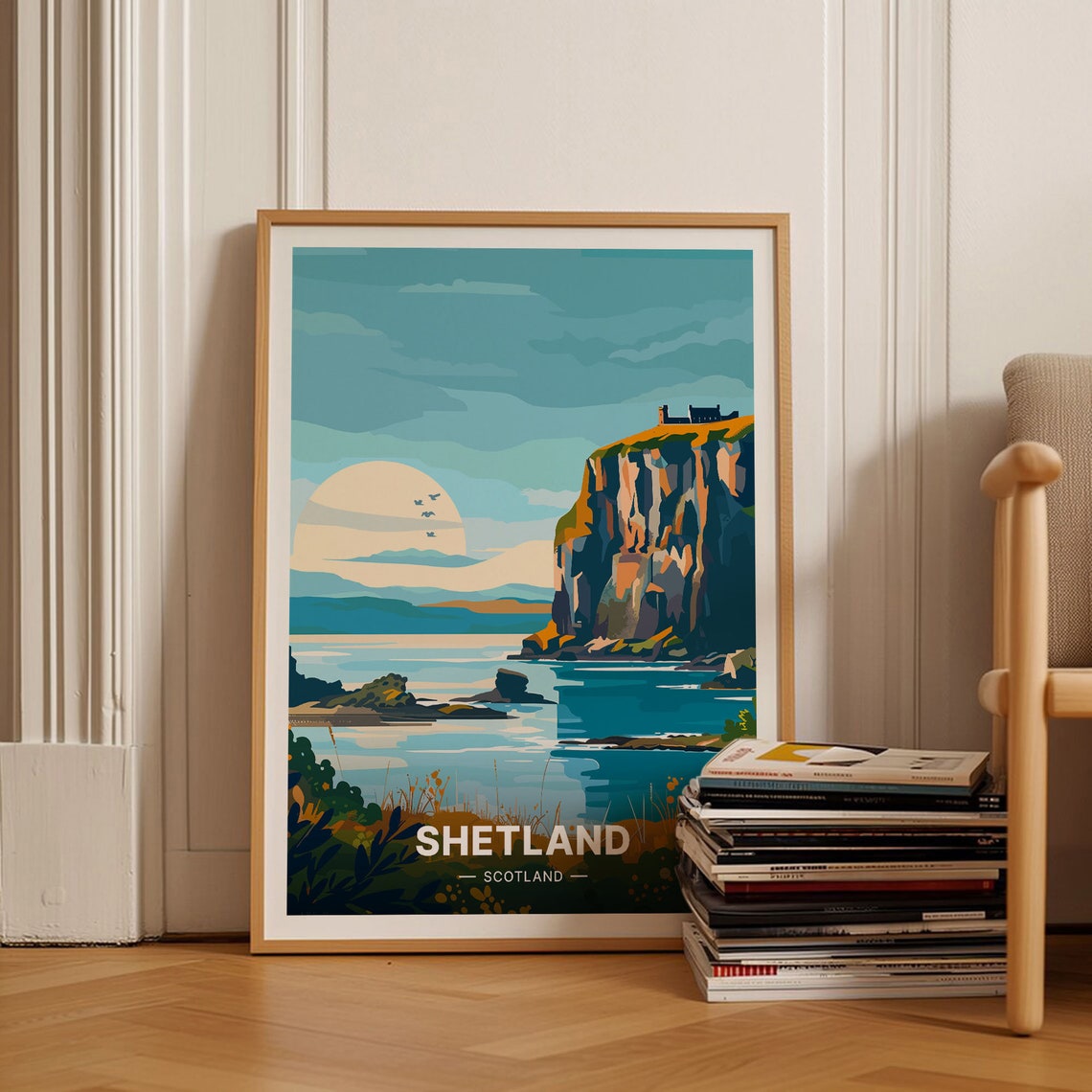 Shetland Scotland Dramatic Sea Cliffs Sunset View Travel Poster