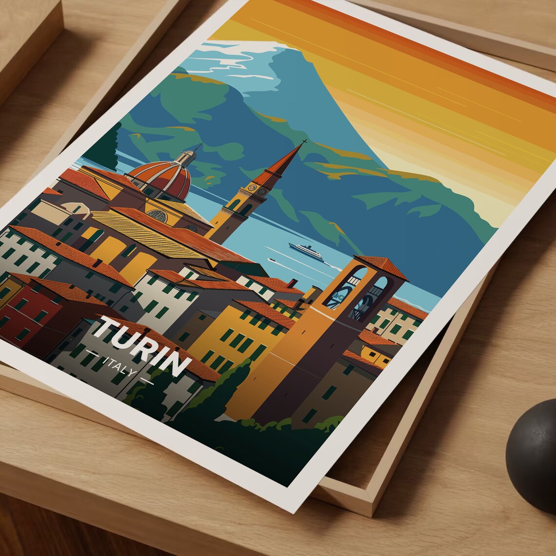 Turin Italy Golden Cityscape Mountain Sunset Italian Travel Poster - Image 3