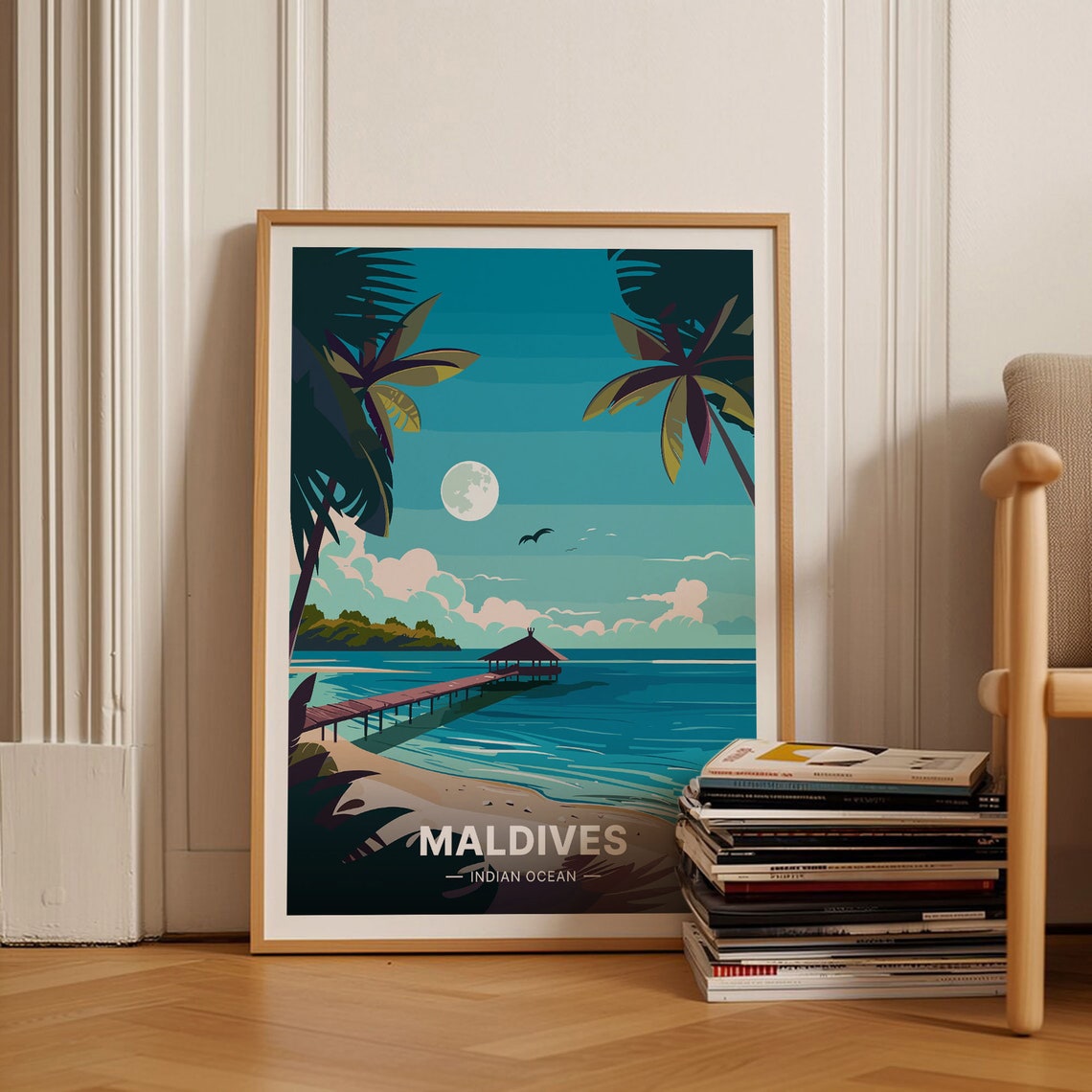 Maldives Indian Ocean Moonlit Beach Pier Palms Tropical Travel Poster