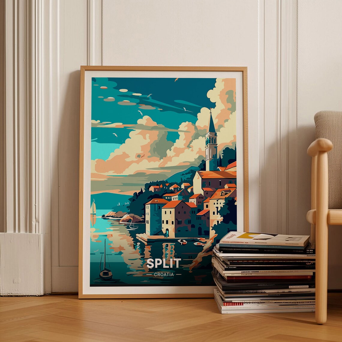 Split Croatia Old Town Harbor Golden Hour Retro Travel Poster