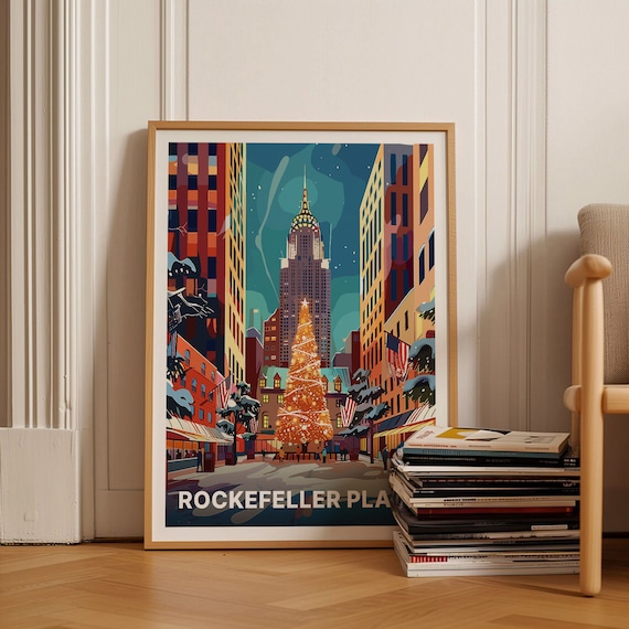Rockefeller Plaza Christmas Tree Midtown NYC Night Travel Poster