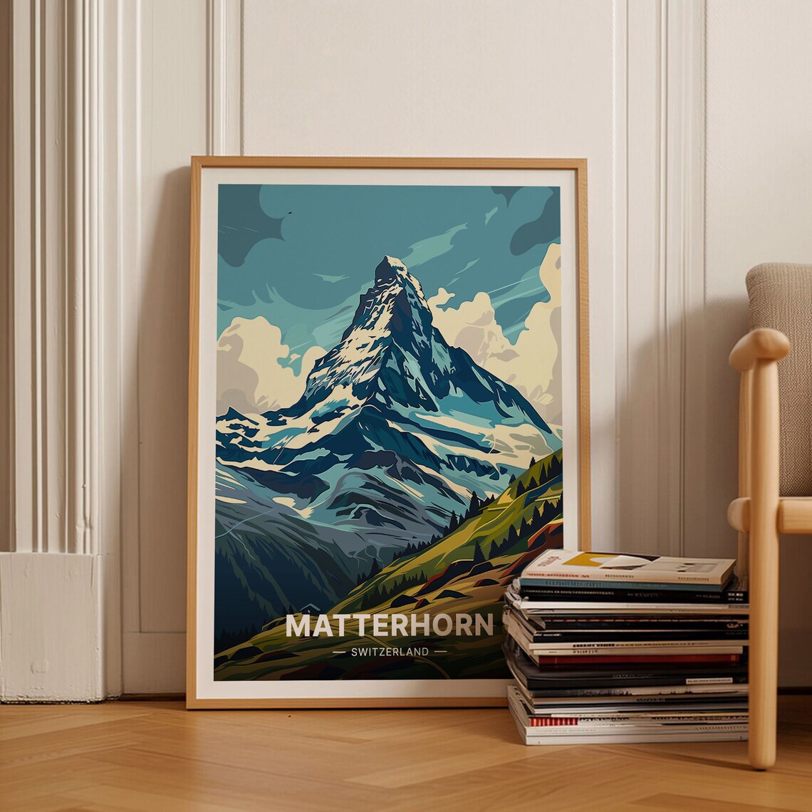 Matterhorn Switzerland Snowy Peak Alpine Valley Vintage Travel Poster