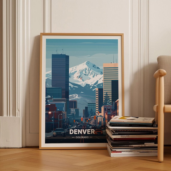 Denver Colorado Skyline Snow Capped Mountain City Travel Poster