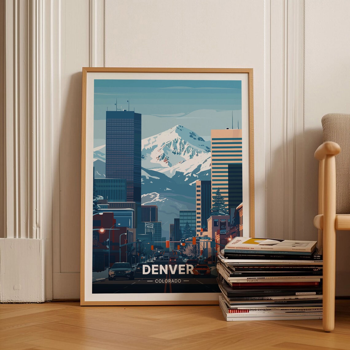 Denver Colorado Skyline Snow Capped Mountain City Travel Poster