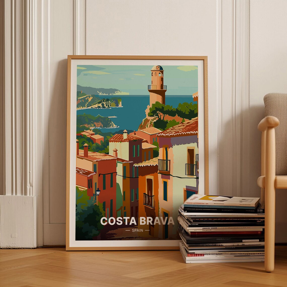 Costa Brava Spain Coastal Village Tower Blue Sea Vintage Travel Poster