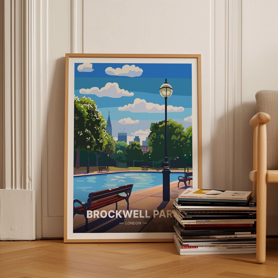 Brockwell Park London Pond and Benches Vintage Travel Poster