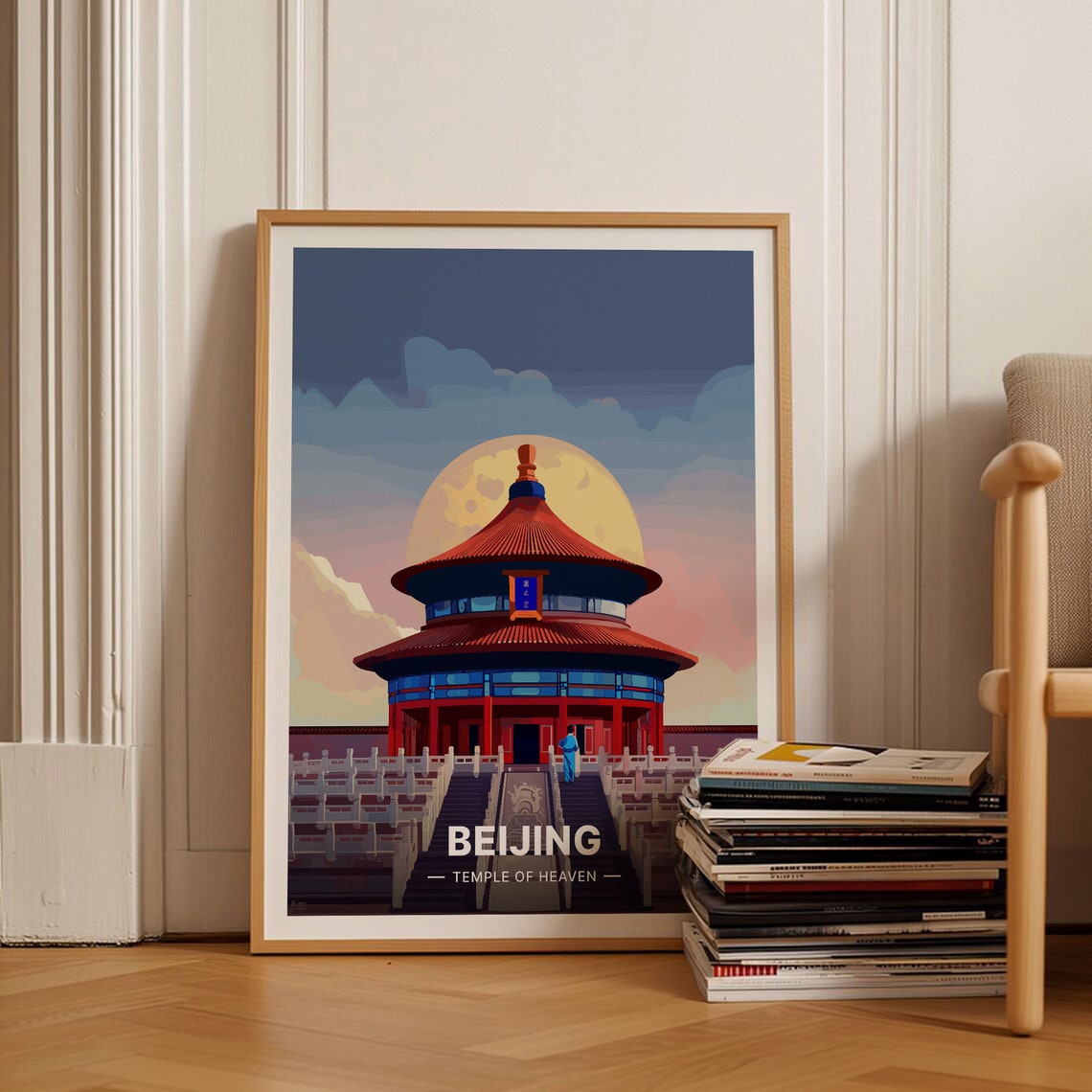 Beijing Temple of Heaven Travel Poster Moonlit Chinese Hall Art