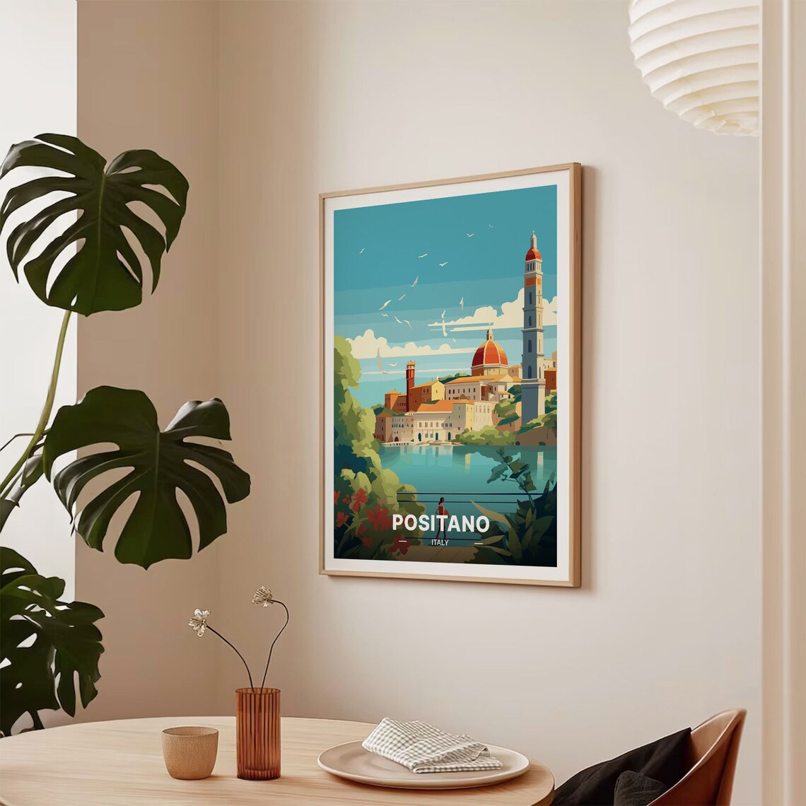Positano Italy Amalfi Coast Domed Church Seagulls Travel Poster - Image 2