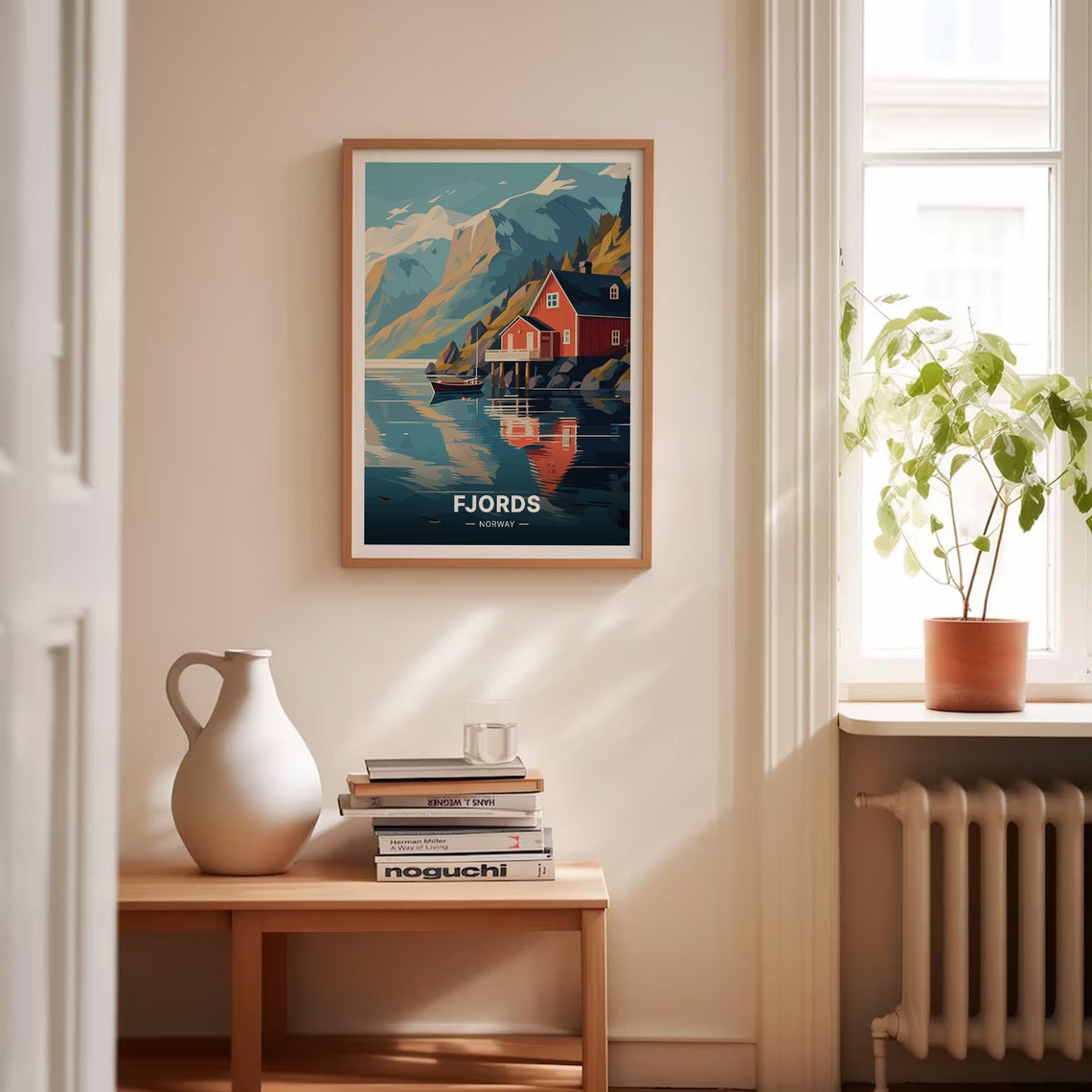 Norwegian Fjords Red Cabin Mirror Water Snowy Peaks Travel Poster - Image 4