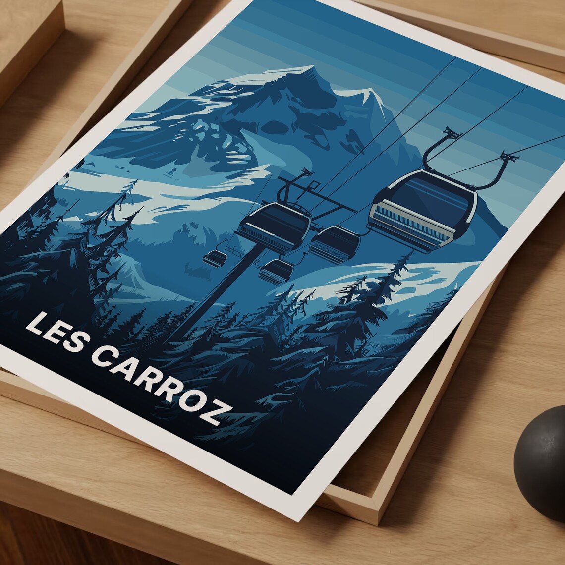 Les Carroz French Alps Gondola Night Snowy Peaks Retro Ski Poster - Image 3