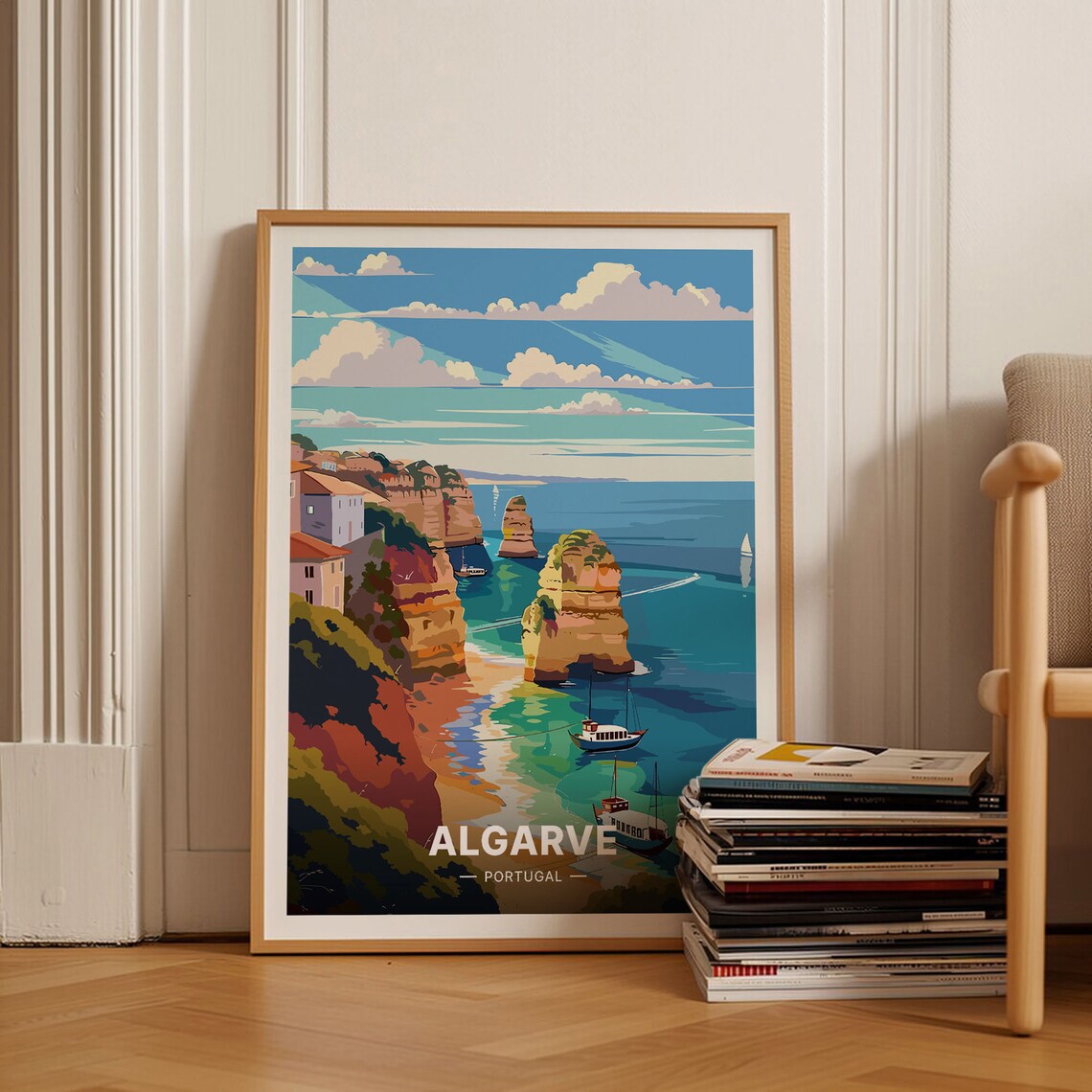 Algarve Portugal Golden Cliffs Coastline Vintage Travel Poster