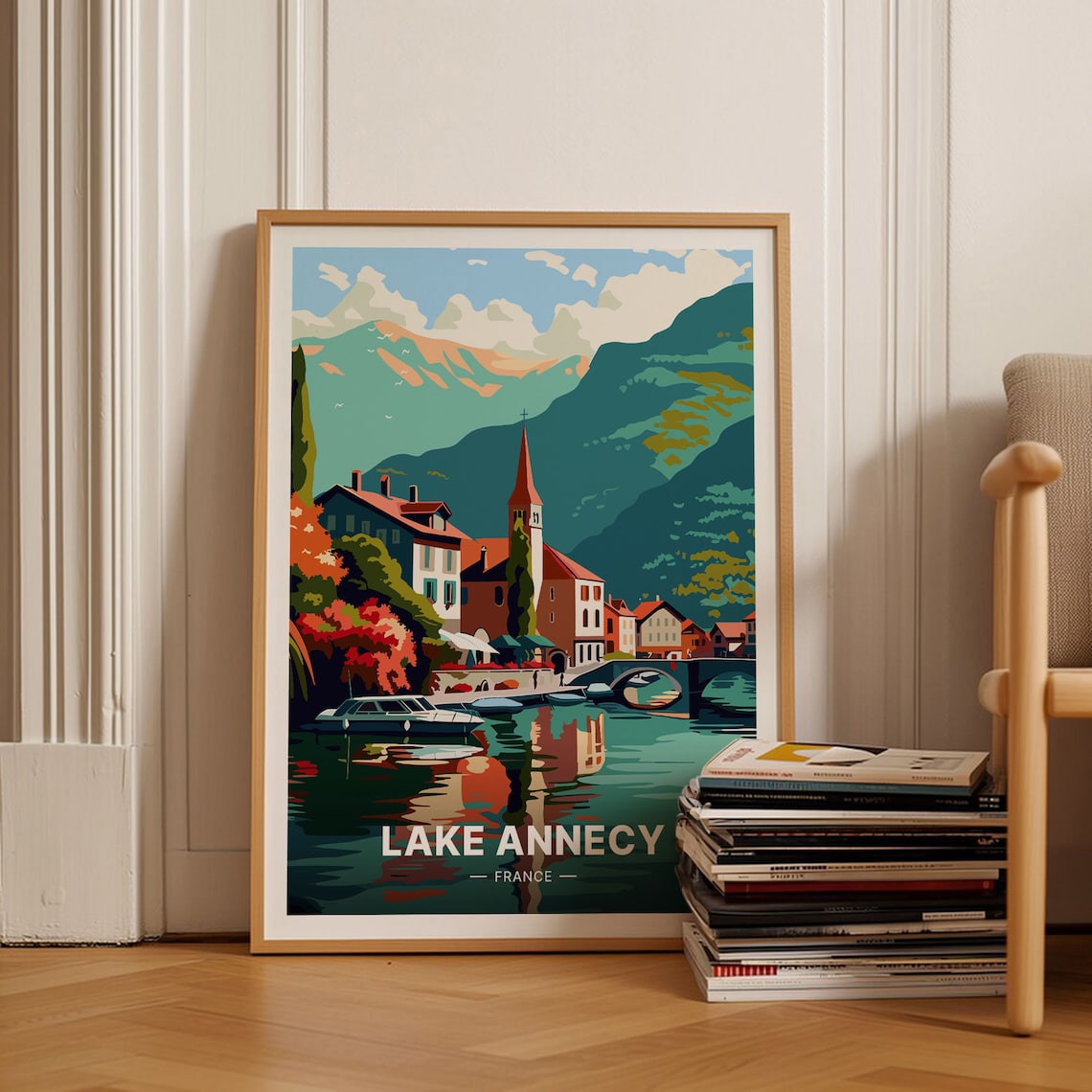 Lake Annecy France Alpine Lakeside Village Church Retro Travel Poster
