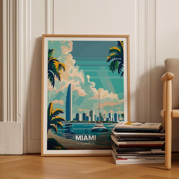 Miami Florida Beach Skyline Palm Trees Sailboat Vintage Travel Poster