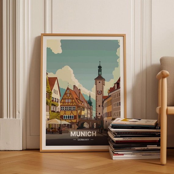 Munich Germany Old Town Timbered Houses Tower Street Travel Poster