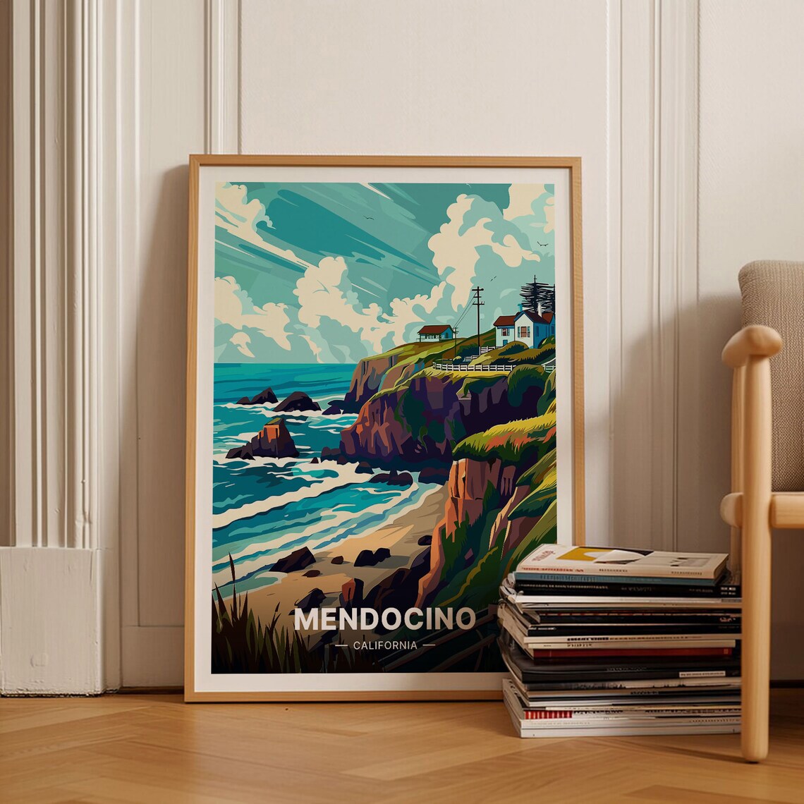 Mendocino California Rugged Cliffs Ocean Village Vintage Poster
