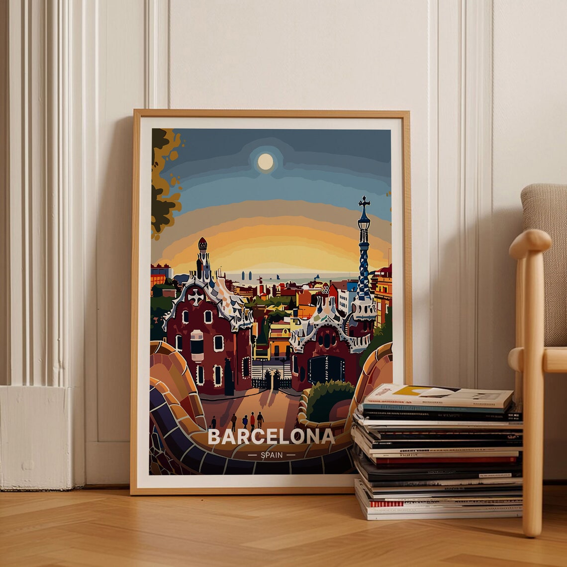 Barcelona Park Guell Vintage Sunset Mosaic Terrace Travel Poster