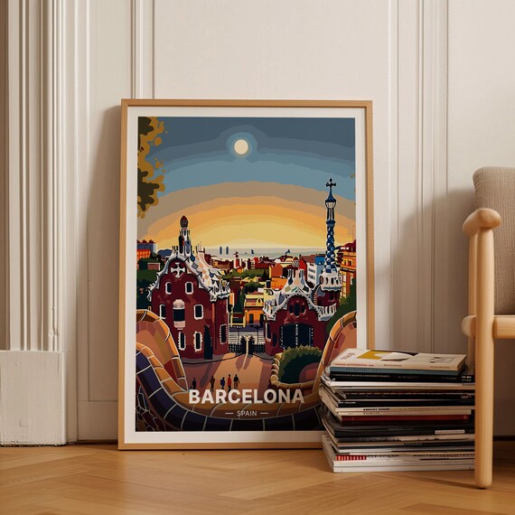 Barcelona Park Guell Vintage Sunset Mosaic Terrace Travel Poster