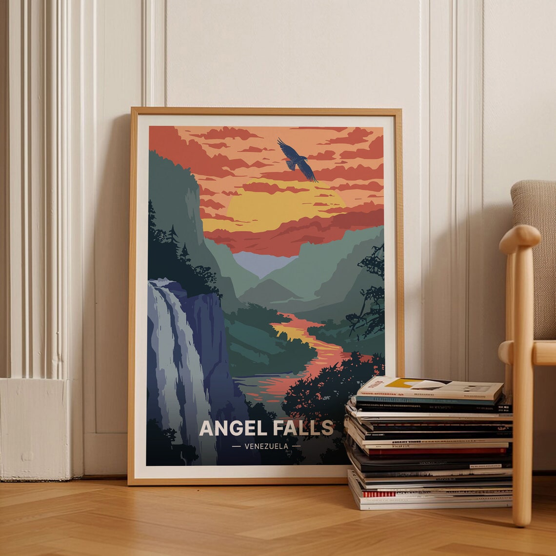 Angel Falls Venezuela Sunset Waterfall Jungle River Scene Poster