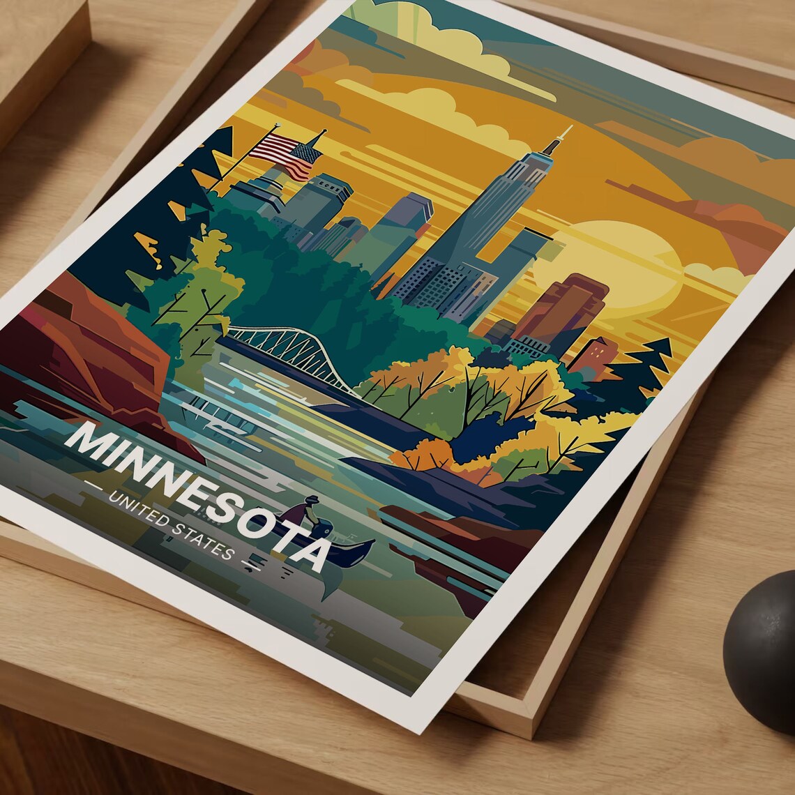 Minnesota Skyline Sunset River Bridge City Lights Golden Travel Poster - Image 3