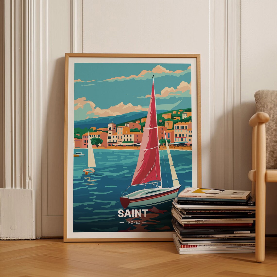 Saint Tropez Harbor Red Sailboat Riviera Vintage Travel Poster