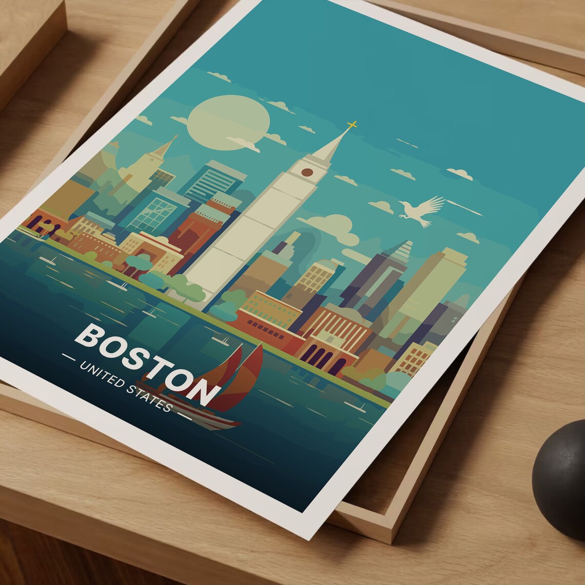 Boston United States Harbor Skyline Sailboat Moon Vintage Travel Poster - Image 3