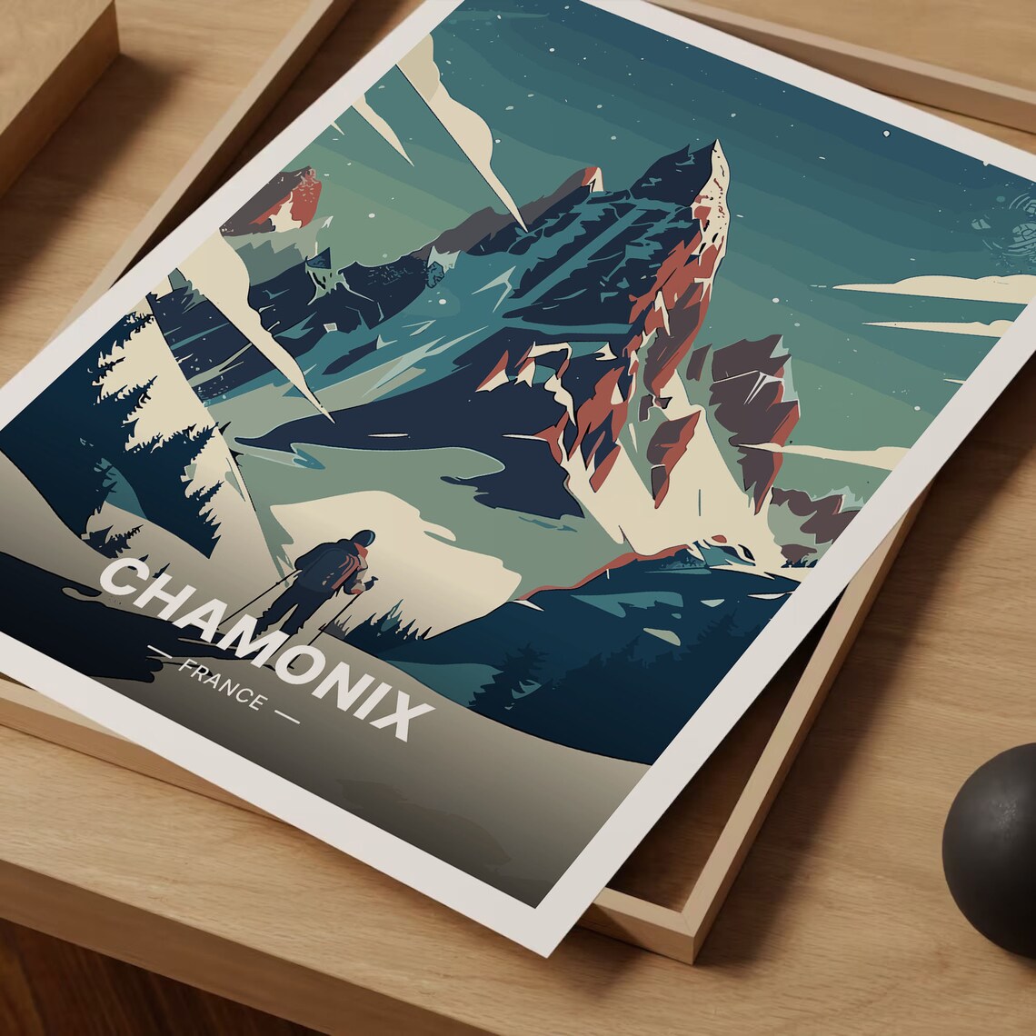 Chamonix France Travel Poster Alpine Peak Skier Night Snow Art - Image 3