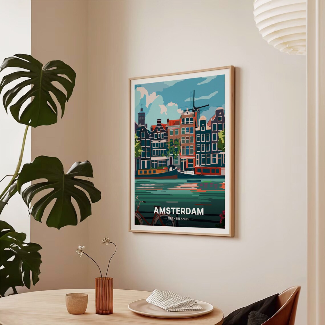 Amsterdam Netherlands Canal Houses Windmill Boat Travel Poster - Image 2