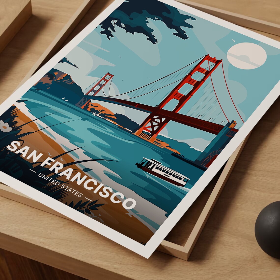 San Francisco Golden Gate Bridge Vintage Travel Poster Bay Sunset Art - Image 3