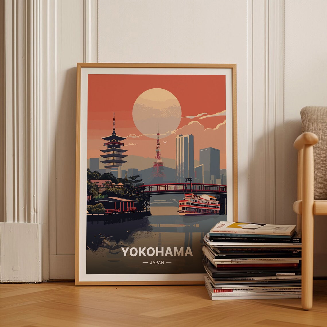 Yokohama Japan Sunset Pagoda Tower Bridge Riverboat Skyline Poster