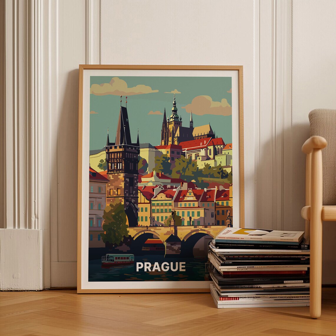 Prague Skyline Travel Poster, Czech Republic Cityscape