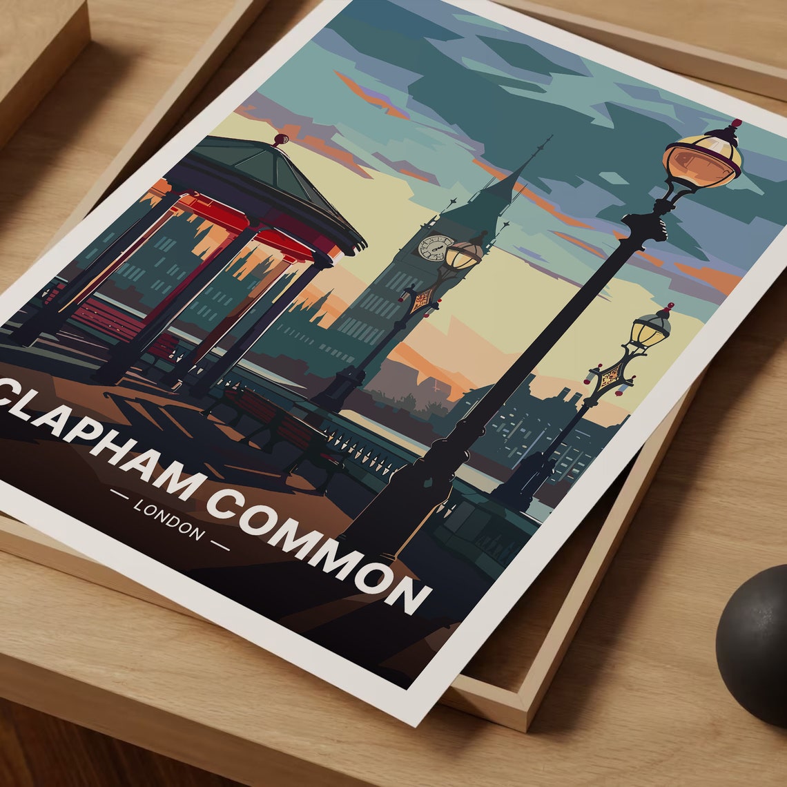 Clapham Common London Big Ben Twilight Riverside Scene Poster - Image 3