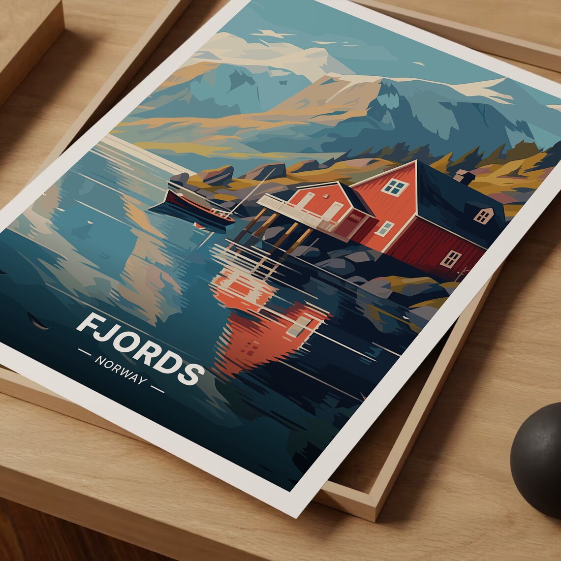 Norwegian Fjords Red Cabin Mirror Water Snowy Peaks Travel Poster - Image 3