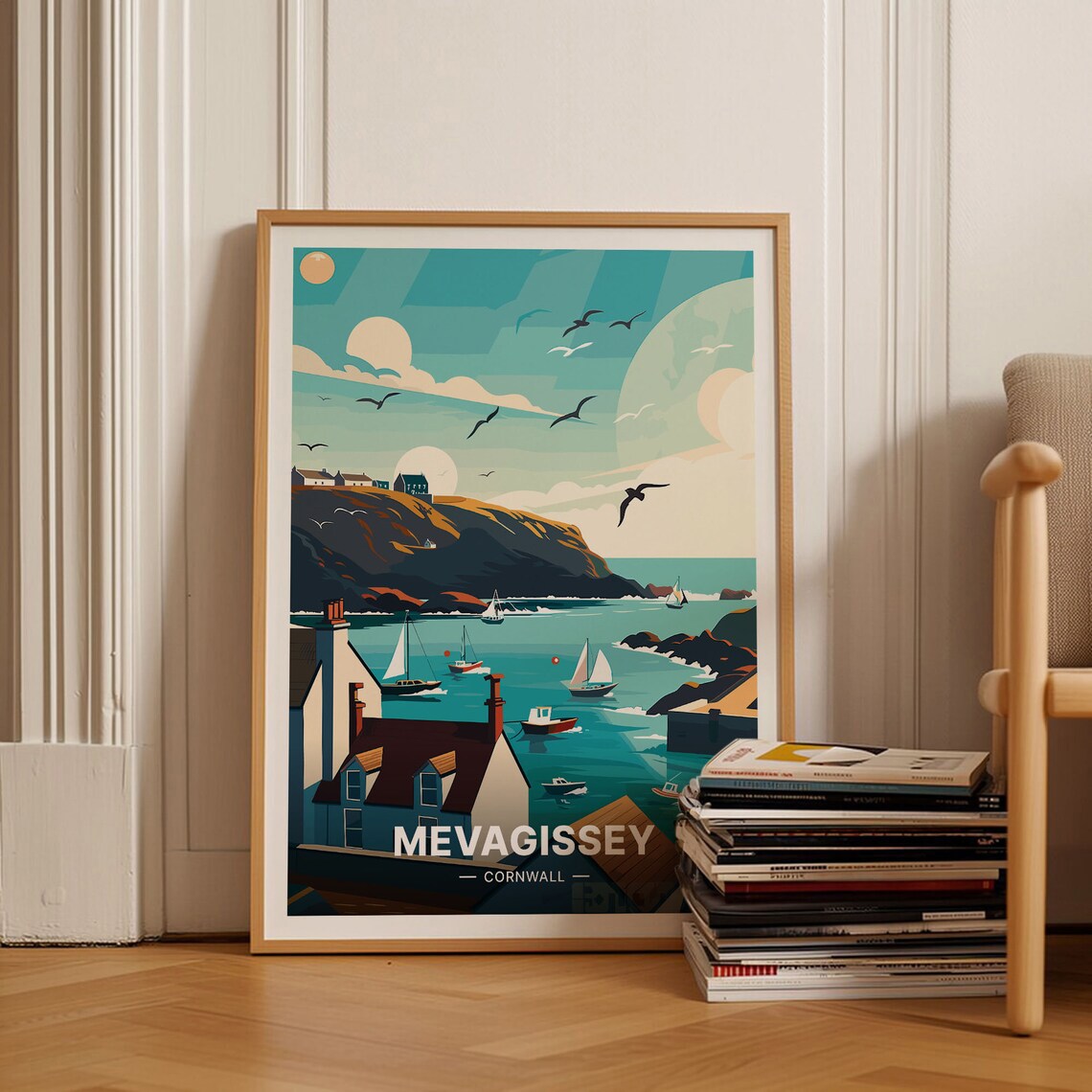 Mevagissey Cornwall Fishing Harbor Sailboats Seagulls Travel Poster