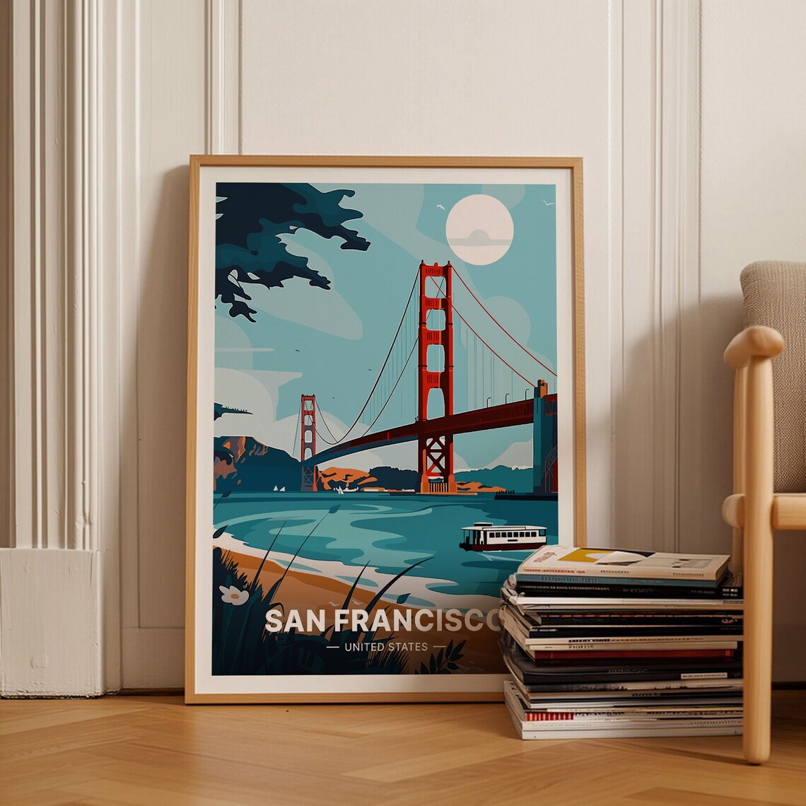 San Francisco Golden Gate Bridge Vintage Travel Poster Bay Sunset Art