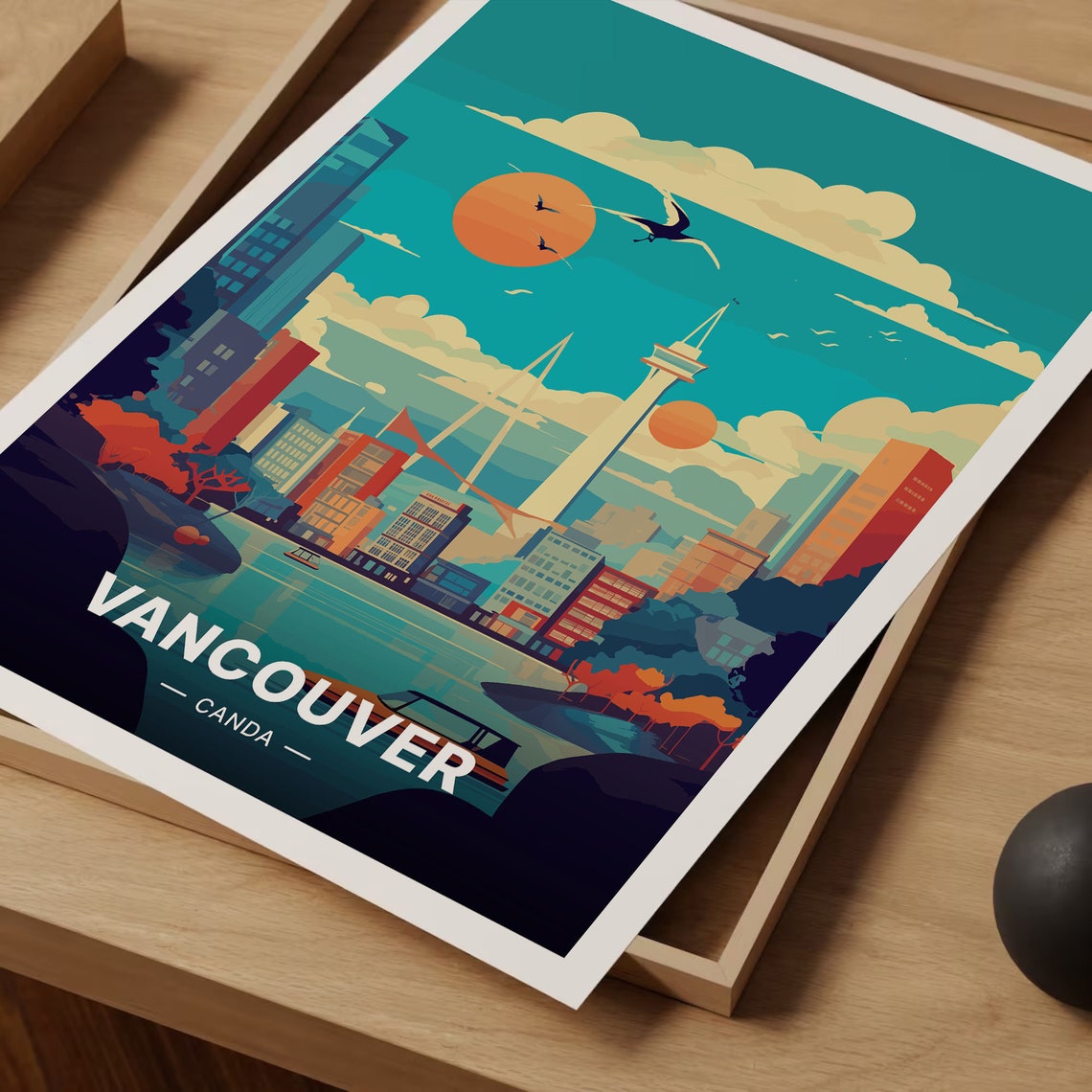 Vancouver Canada Skyline Tower Bridge Sunset Retro Travel Poster - Image 3