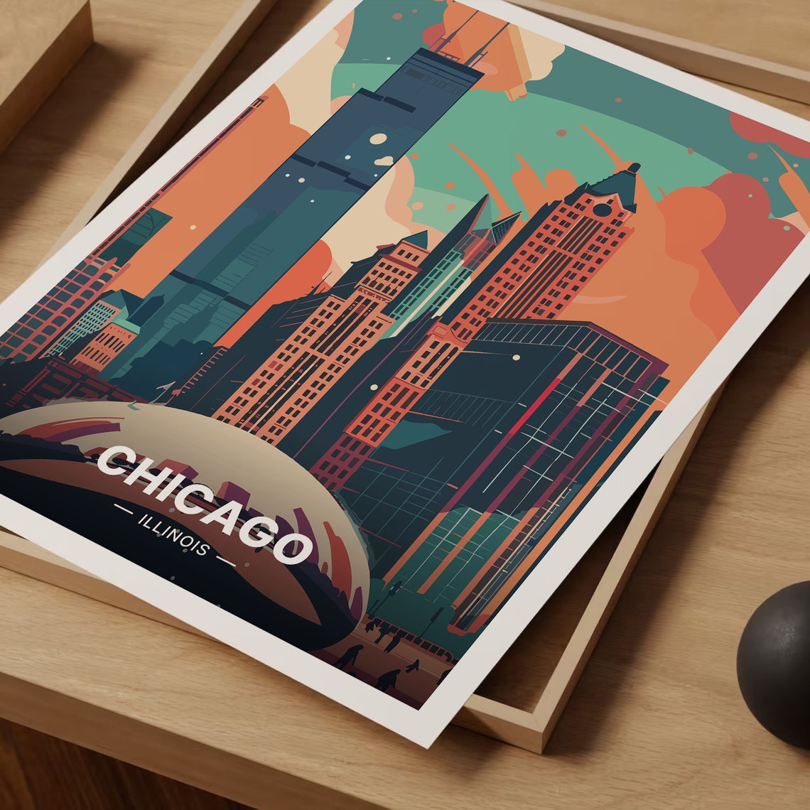 Chicago Illinois Skyline Poster Retro Cityscape Cloud Gate Art - Image 3