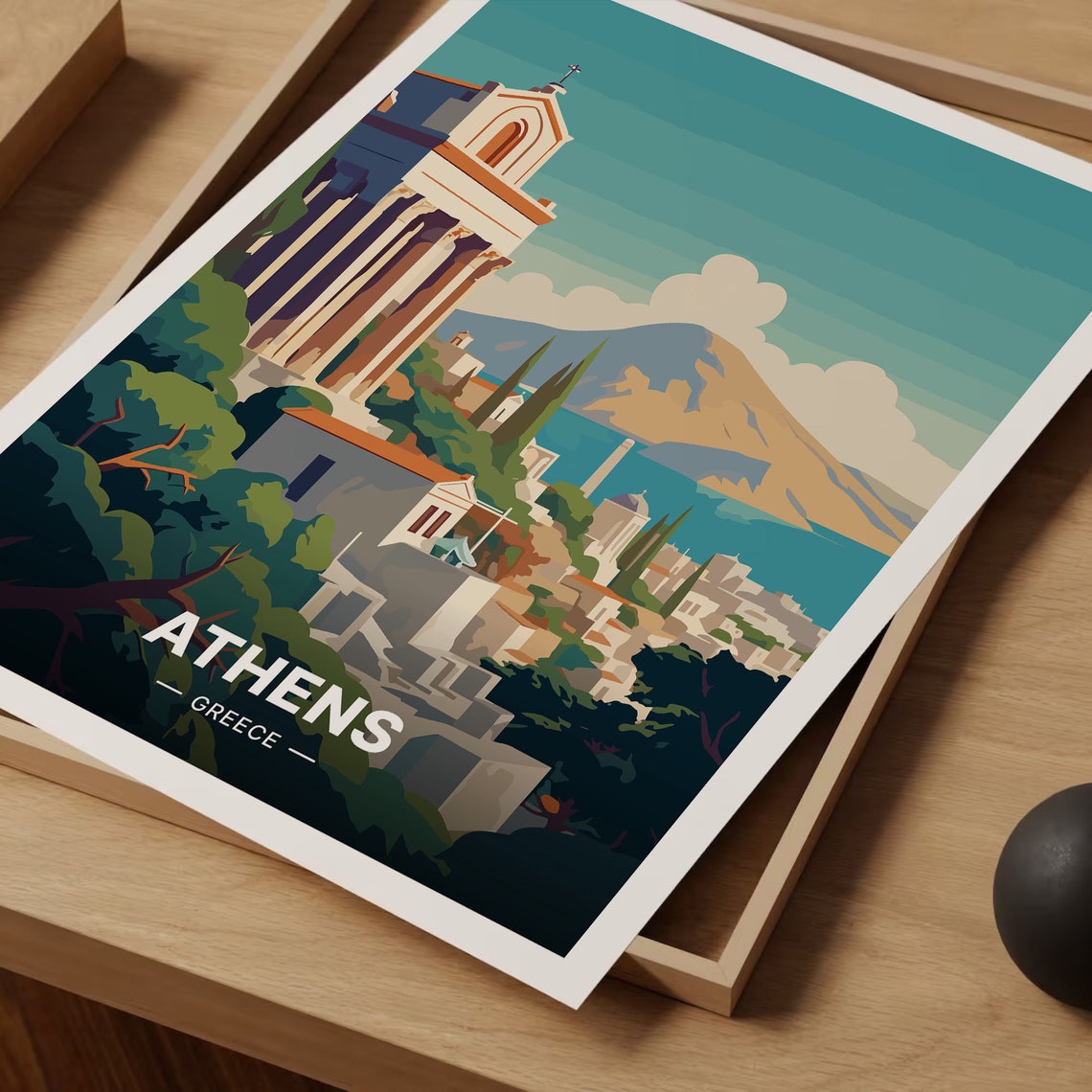 Athens Greece Ancient Temple Columns Coastal Town Travel Poster - Image 3