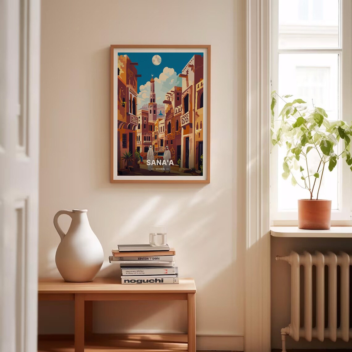 Sanaa Yemen Poster Old City Street Minaret Moon Night Scene Art - Image 4