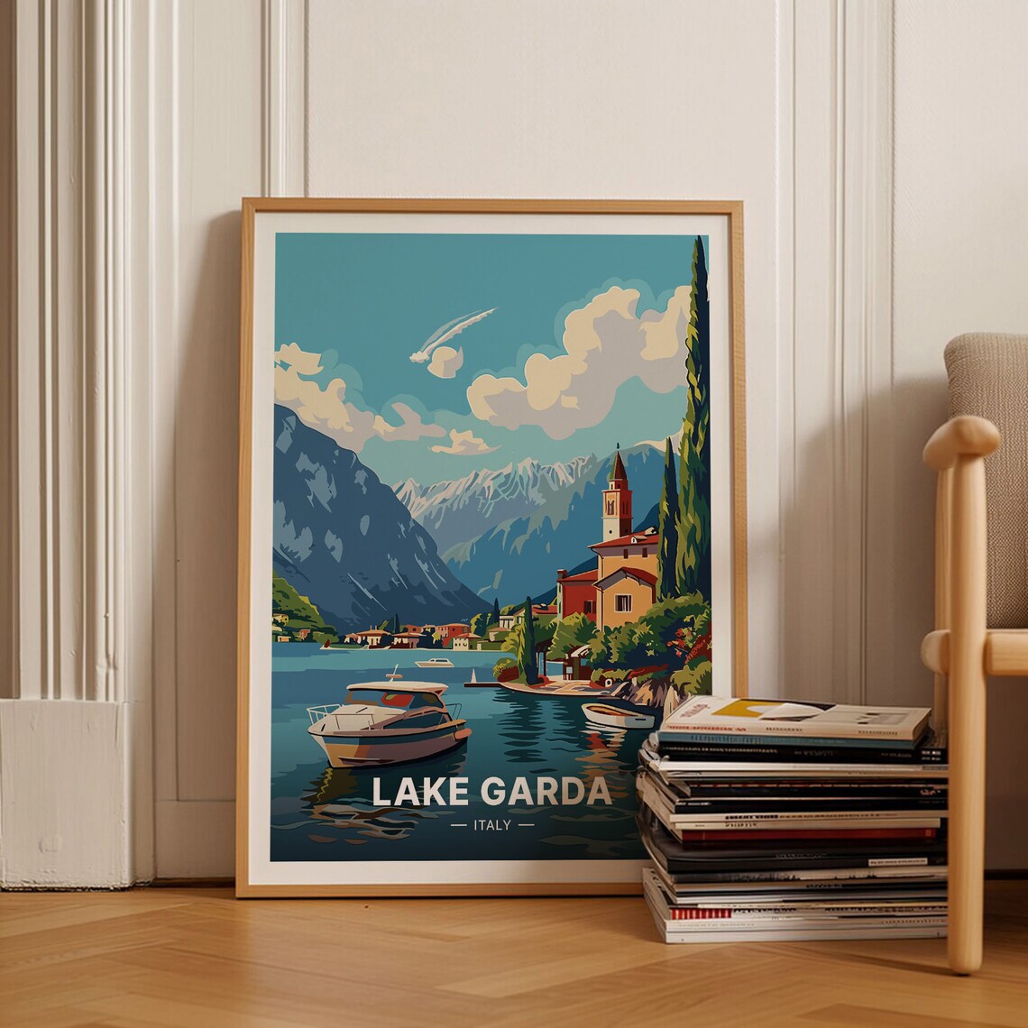 Lake Garda Italy Travel Poster Motorboat Lakeside Church Mountains Art