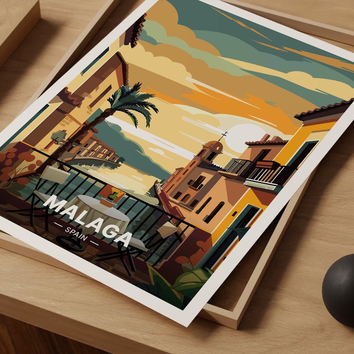 Malaga Spain Travel Poster Balcony Cafe Sunset Harbor Palm Art - Image 3
