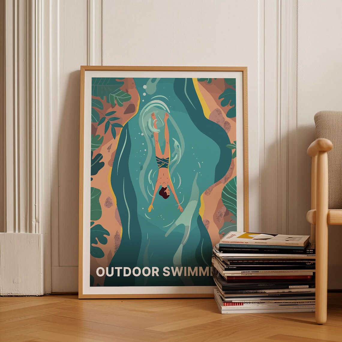 Wild Swimming Aerial River Swimmer Outdoor Adventure Art Poster