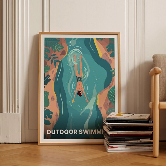 Wild Swimming Aerial River Swimmer Outdoor Adventure Art Poster