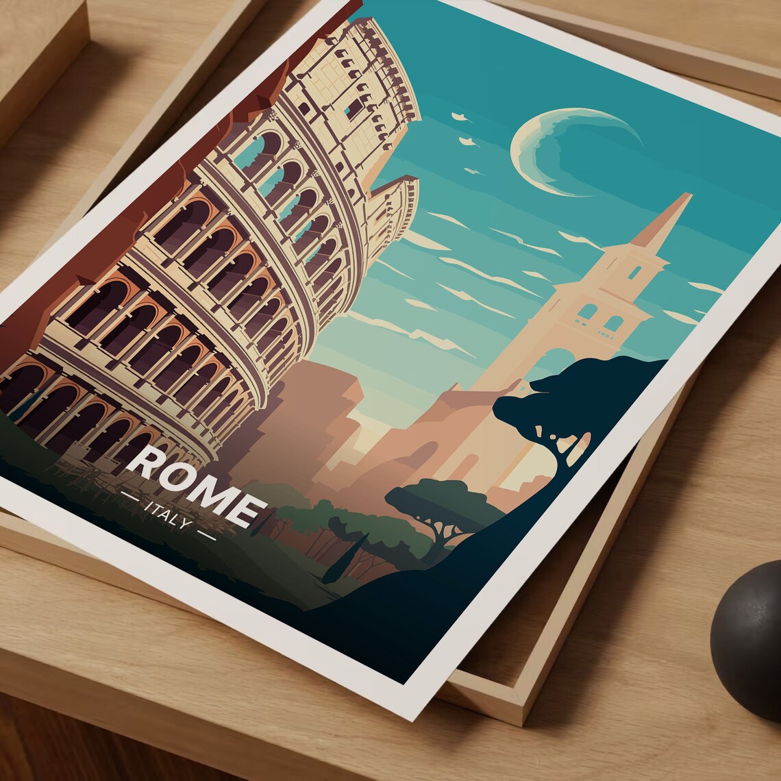 Rome Italy Travel Poster Colosseum Moonlit Night Ancient Ruins Art - Image 3