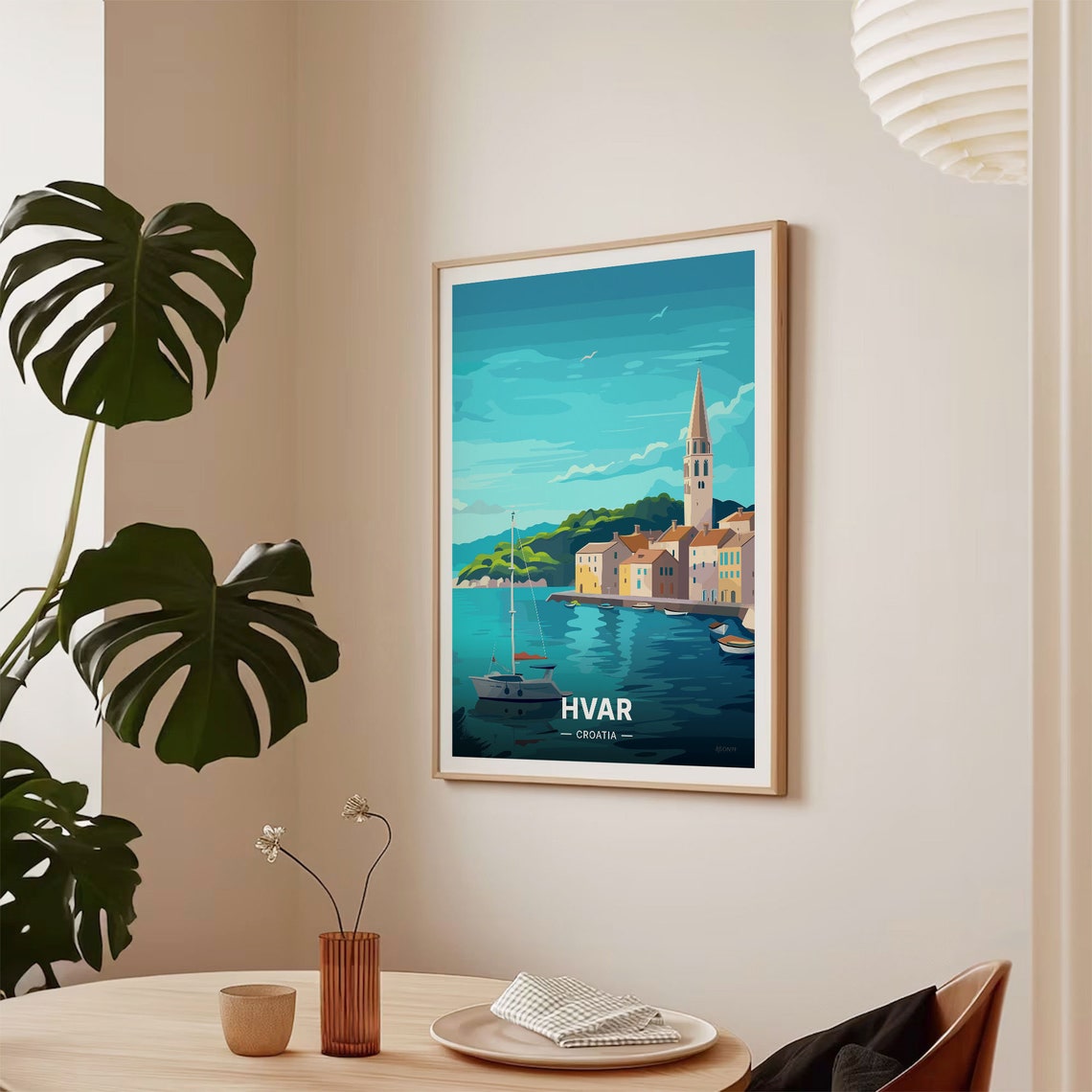 Hvar Croatia Harbour Sailboat Church Spire Coastal Travel Poster - Image 2