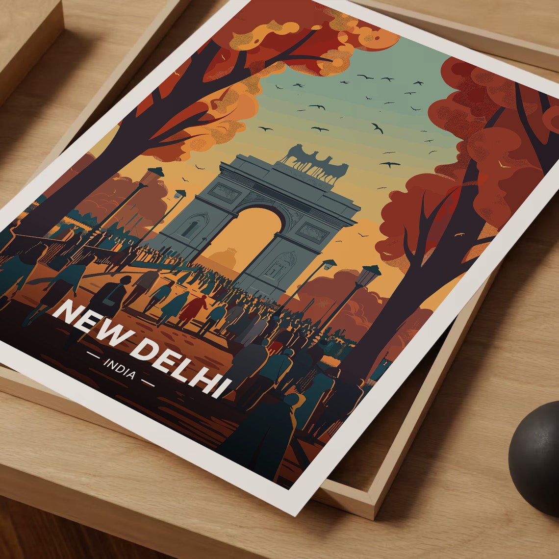 New Delhi India Retro Travel Poster Monument Arch Sunset Crowd - Image 3