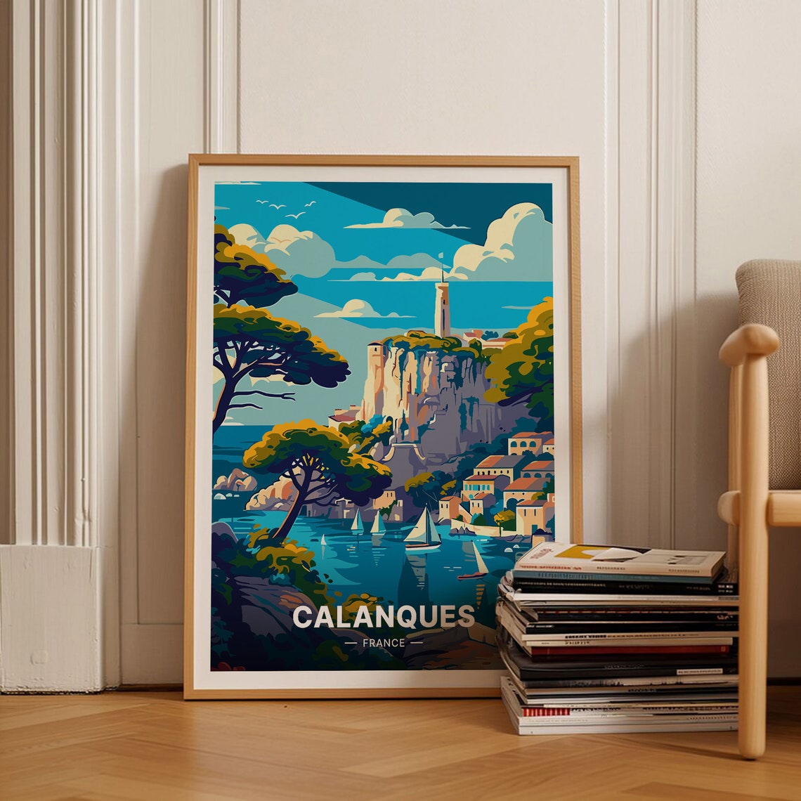 Calanques France Limestone Cliffs Lighthouse Sailboats Coastal Poster
