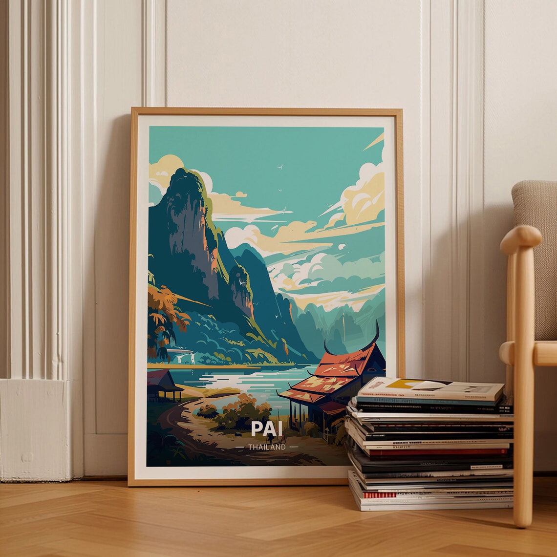 Pai Thailand Karst Mountain River Thai House Vintage Travel Poster